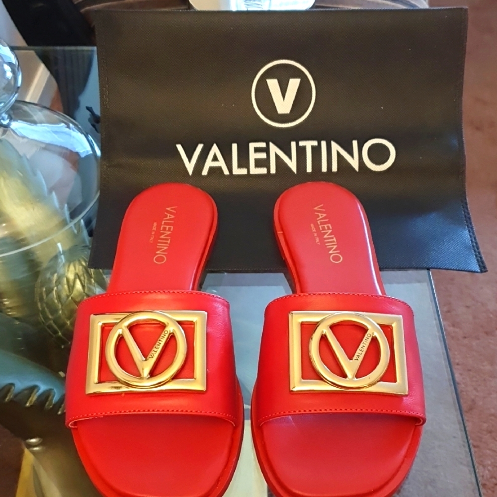 Valentino Red Slippers with Gold Accents